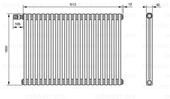 Схема (чертеж) Радиатор Zehnder Charleston 2180/22 №V011 Technoline TL